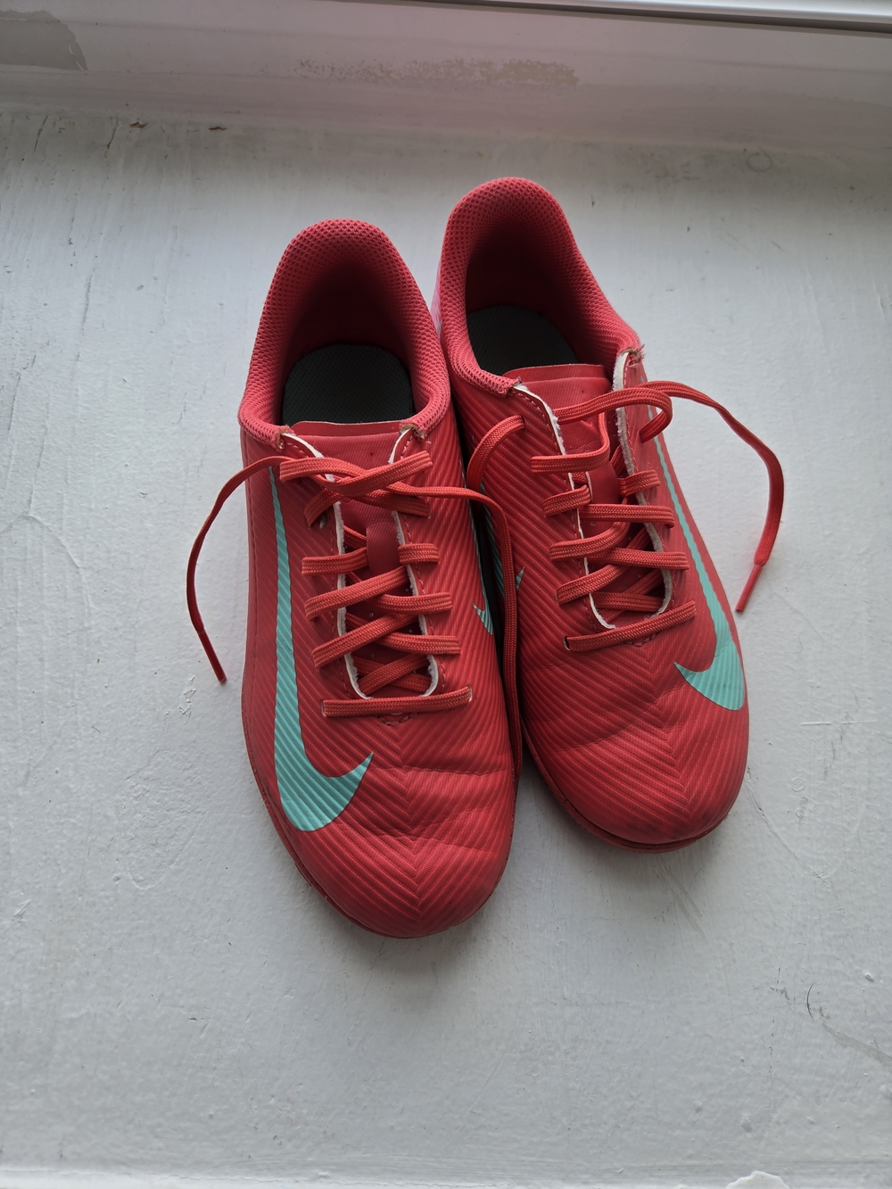 Nike Kids Red Sneakers with Teal Swoosh